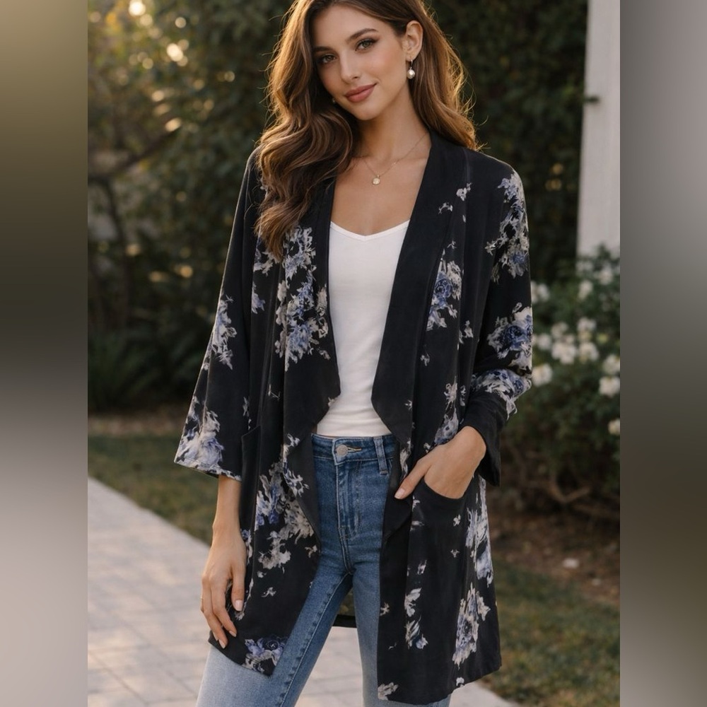 Anthropologie Bel Kazan Black Abstract Floral Open Front Draped Cardigan Jacket